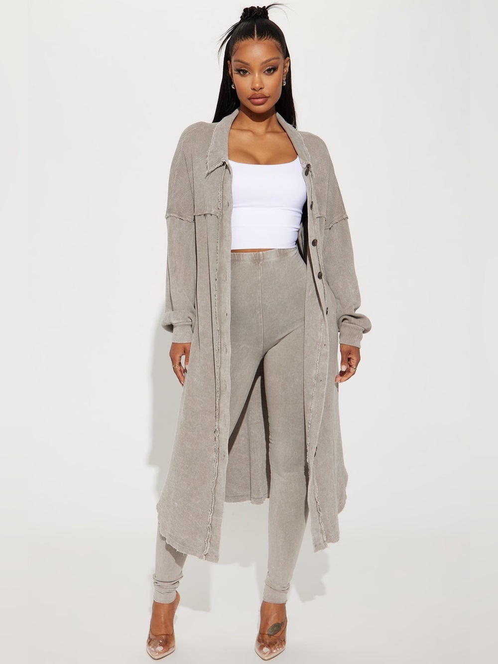Waffle Knit Duster Cardigan Fashion Nova Taupe Raw Hem Button Front S